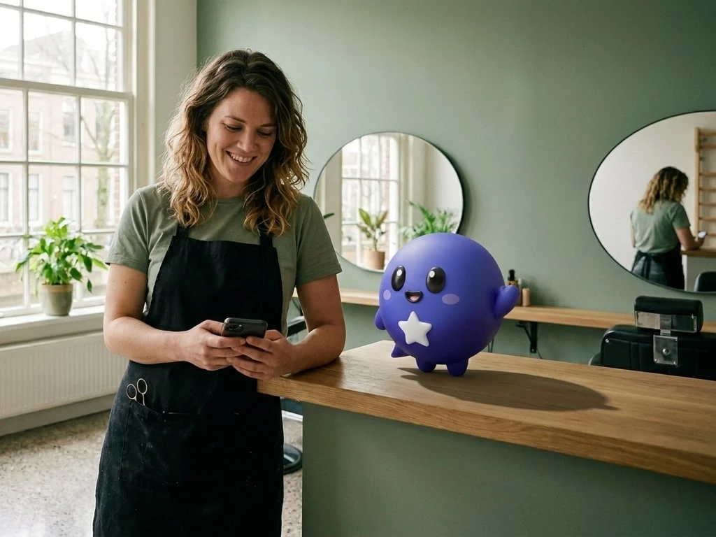 Een kapster in haar salon met een telefoon in de hand; naast haar op de kappersbalie zwaait Pim, het mascotte van Rankly